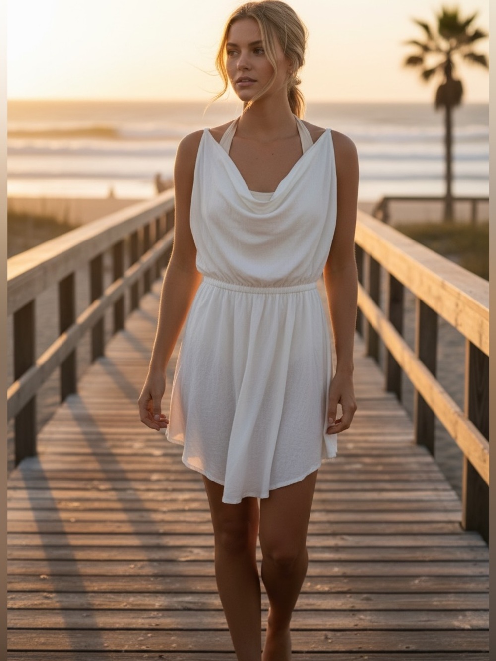 Indah Cowl-Neck White High-Low Sundress